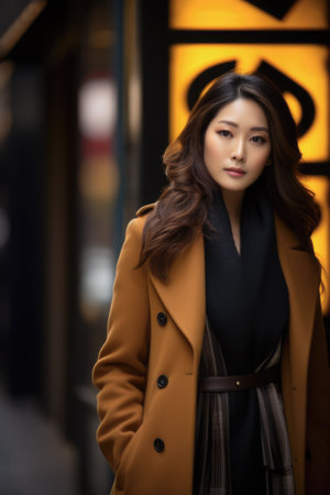 Portrait of a young Asian woman on a night city scene. Dark moody tonesの素材