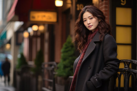 Portrait of a young Asian woman on a night city scene. Dark moody tonesの素材