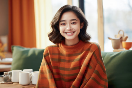 Smiling young Asian woman at homeの素材