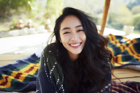 Smiling young Asian woman at homeの素材