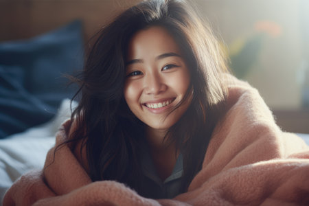 Smiling young Asian woman at homeの素材