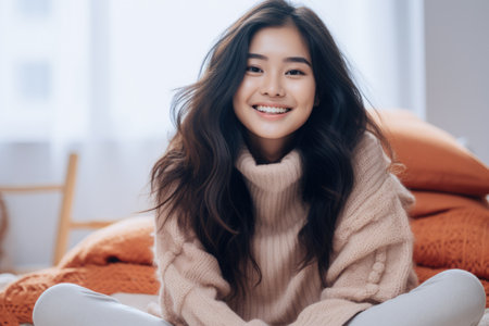 Smiling young Asian woman at homeの素材