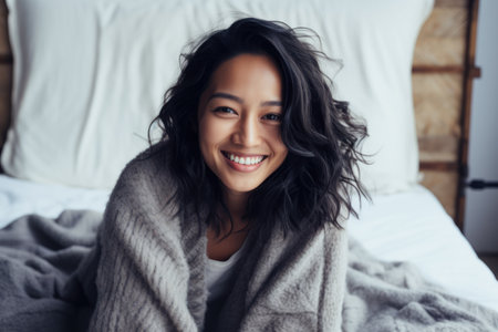 Smiling young Asian woman at homeの素材