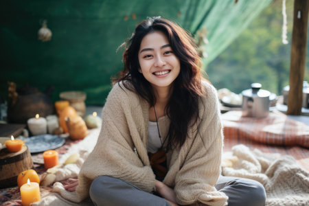 Smiling young Asian woman at homeの素材