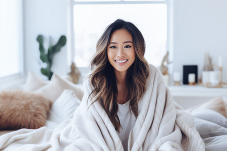 Smiling young Asian woman at homeの素材