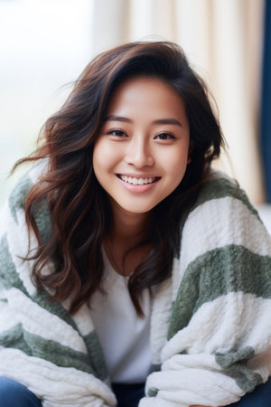 Smiling young Asian woman at homeの素材