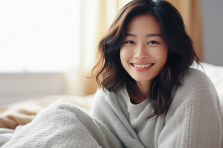 Smiling young Asian woman at homeの素材