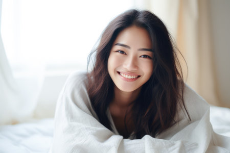 Smiling young Asian woman at homeの素材