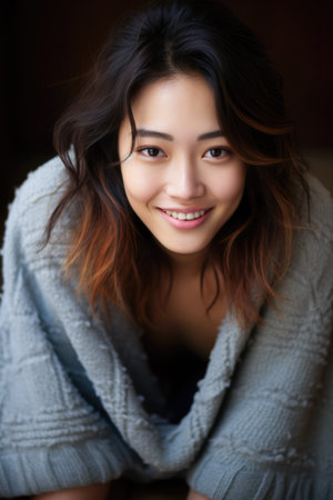 Smiling young Asian woman at homeの素材