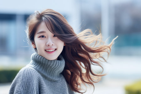Smiling young Asian woman at homeの素材