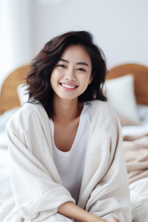 Smiling young Asian woman at homeの素材