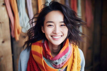 Smiling young Asian woman at homeの素材