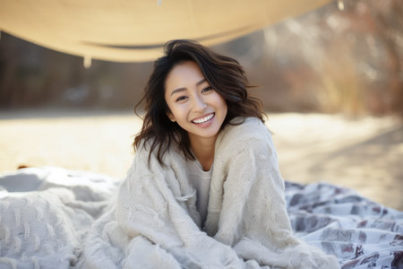 Smiling young Asian woman at homeの素材