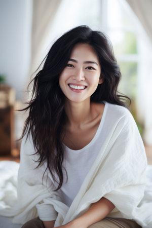 Smiling young Asian woman at homeの素材