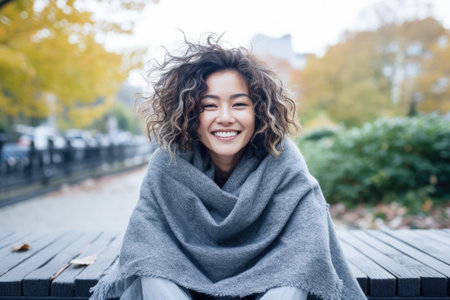Smiling young Asian woman at homeの素材