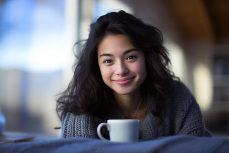 Smiling young Asian woman at homeの素材