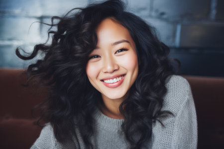 Smiling young Asian woman at homeの素材