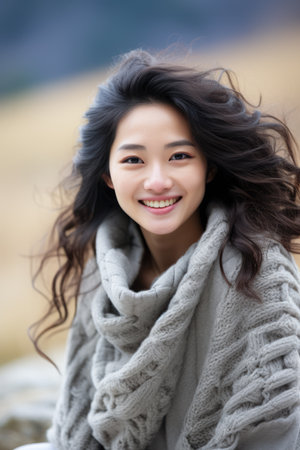Smiling young Asian woman at homeの素材