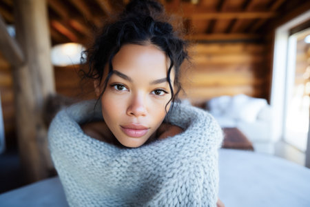 Smiling young African American woman chilling at homeの素材