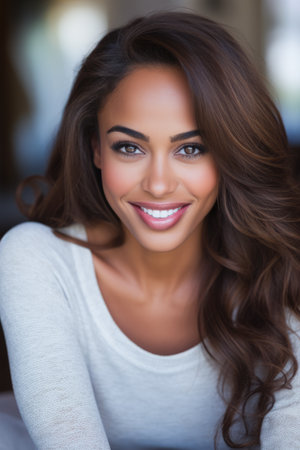 Smiling young African American woman chilling at homeの素材