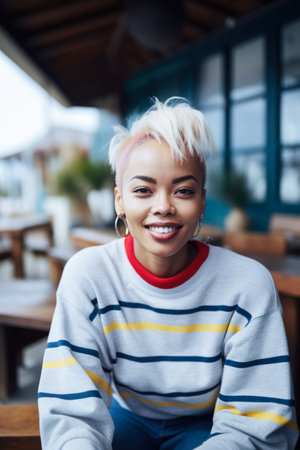 Smiling young African American woman chilling at homeの素材