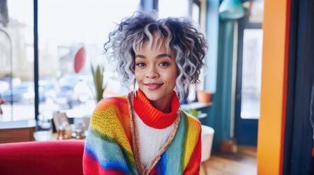 Smiling young African American woman chilling at homeの素材