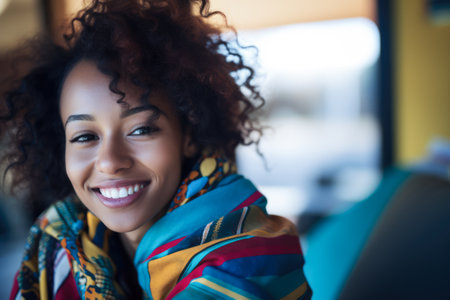 Smiling young African American woman chilling at homeの素材