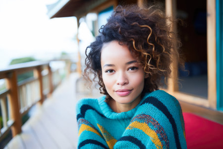 Smiling young African American woman chilling at homeの素材