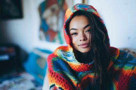 Smiling young African American woman chilling at homeの素材