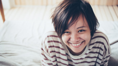 Young Asian woman enjoying the comfort of her homeの素材