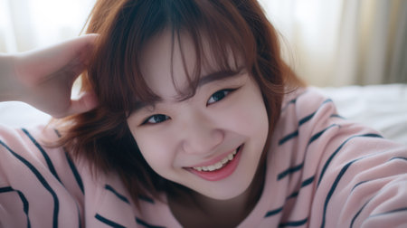 Young Asian woman enjoying the comfort of her homeの素材