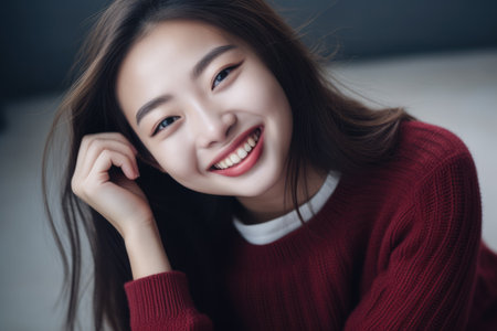 Young Asian woman enjoying the comfort of her homeの素材