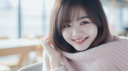 Young Asian woman enjoying the comfort of her homeの素材