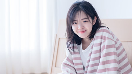 Young Asian woman enjoying the comfort of her homeの素材