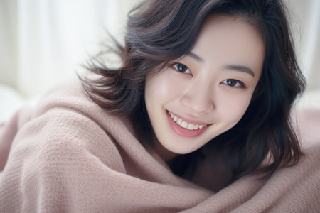 Young Asian woman enjoying the comfort of her homeの素材