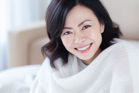 Young Asian woman enjoying the comfort of her homeの素材