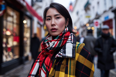 Portrait of a young Asian woman in a city streetの素材