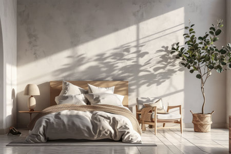 Minimalistic bedroom with filled with natural lightの素材