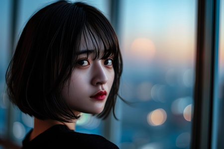Portrait of a young Asian woman in a city streetの素材