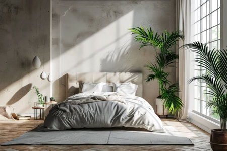 Minimalistic bedroom with filled with natural lightの素材
