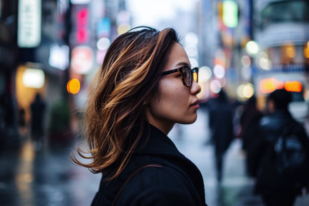 Portrait of a young Asian woman in a city streetの素材