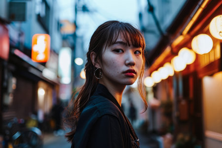 Portrait of a young Asian woman in a city streetの素材