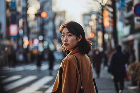 Portrait of a young Asian woman in a city streetの素材