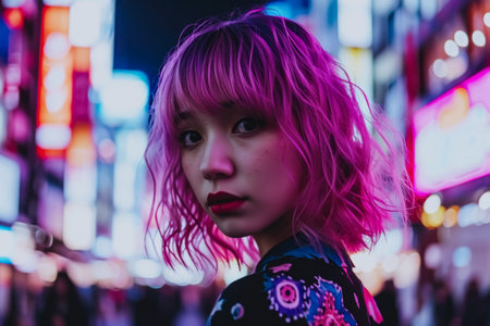 Portrait of a young Asian woman in a city streetの素材