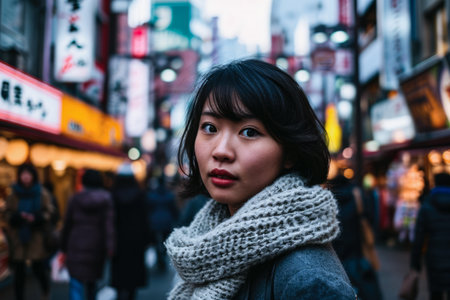 Portrait of a young Asian woman in a city streetの素材