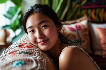 Young Asian woman relaxing at homeの素材