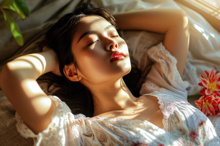 Young Asian woman relaxing at homeの素材