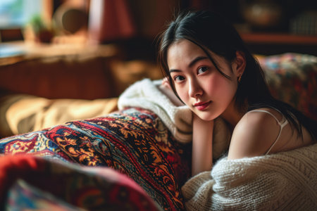 Young Asian woman relaxing at homeの素材