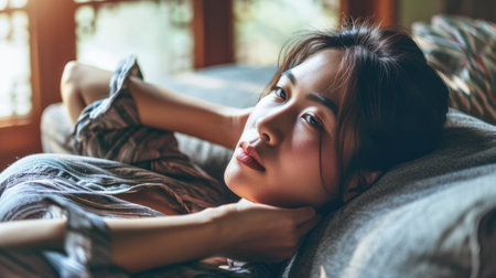Young Asian woman relaxing at homeの素材