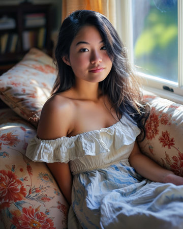 Young Asian woman relaxing at homeの素材
